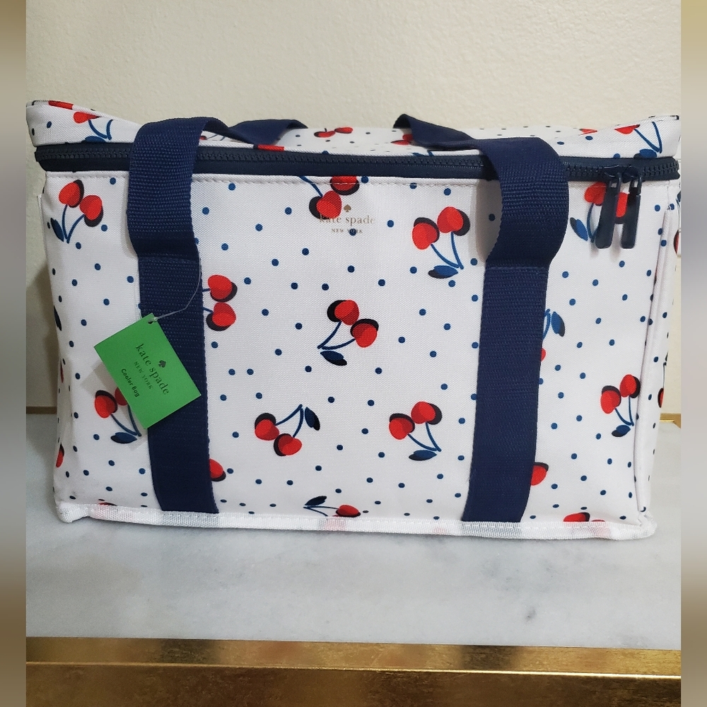 Kate Spade Navy Blue Polka Dot Red Cherry Printed Insulate Ice Cooler Travel Bag